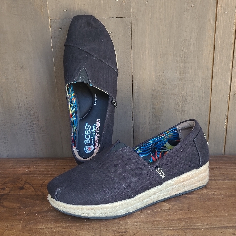 EUC BOBS Shoes Women's sz 7.5 Black Platform Slip On Wedge Canvas Espadrilles